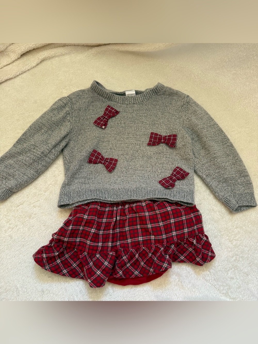 Carter's 2-Piece Winter Skirt Set | Gray Bow Sweater & Red Plaid Skirt | 12-18 M